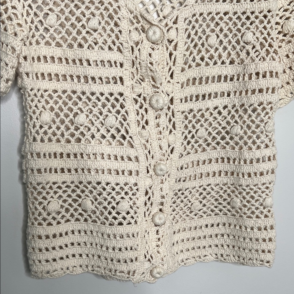 Hand Knitted Cream Crochet Cardigan 100% cotton Made in Turkey T Shirt sweater - Picture 7 of 7